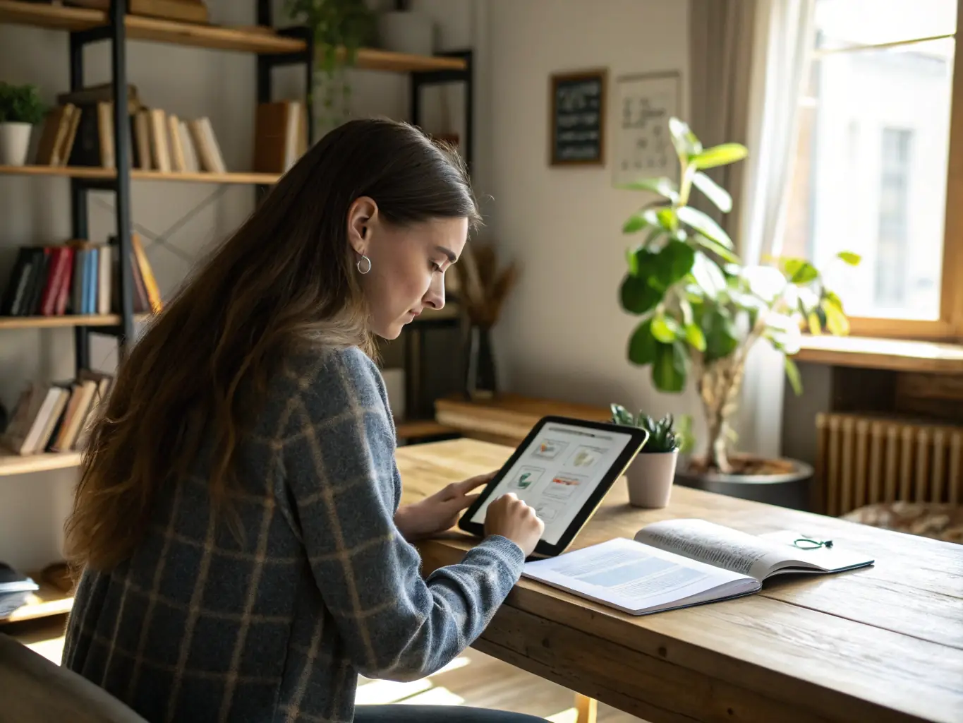 A young adult studying financial charts on a tablet, with a notebook and pen nearby, symbolizing learning and planning for the future.
